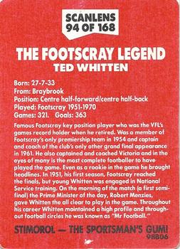 1989 Scanlens VFL #94 Ted Whitten Back